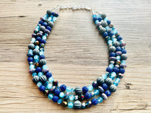 Load image into Gallery viewer, Daydream Blue Statement Necklace, chunky bib beaded jewelry, navy royal blue necklace, dark blue beaded acrylic gray silver aqua turquoise