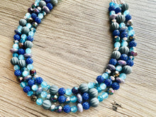 Load image into Gallery viewer, Daydream Blue Statement Necklace, chunky bib beaded jewelry, navy royal blue necklace, dark blue beaded acrylic gray silver aqua turquoise