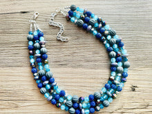 Load image into Gallery viewer, Daydream Blue Statement Necklace, chunky bib beaded jewelry, navy royal blue necklace, dark blue beaded acrylic gray silver aqua turquoise
