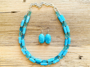 Lighthouse Blue Statement Necklace, Chunky 2 Strand Jewelry, blue silver necklace glass water thick necklace clear aqua turquoise