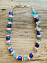 Load image into Gallery viewer, Sunset Nautical Chunky Statement Necklace, Big beaded jewelry, Single Strand Statement Necklace, aqua royal blue peach chunky necklace