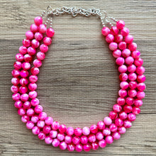 Load image into Gallery viewer, Hot Pink Pink Chunky Statement Necklace, 3 Strand Beaded Jewelry, Pink White cream jewelry, jewel tone mermaid bib dark pink earrings