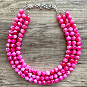 Hot Pink Pink Chunky Statement Necklace, 3 Strand Beaded Jewelry, Pink White cream jewelry, jewel tone mermaid bib dark pink earrings