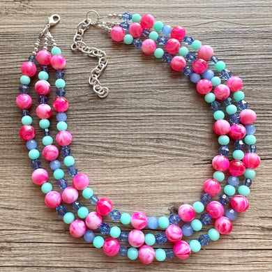 Carnival Day Hot Pink Statement Necklace, chunky bib beaded jewelry, colorful jewelry green periwinkle necklace, beaded jewelry earrings set