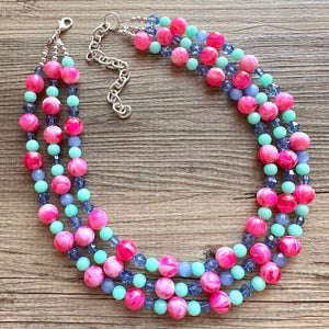 Carnival Day Hot Pink Statement Necklace, chunky bib beaded jewelry, colorful jewelry green periwinkle necklace, beaded jewelry earrings set