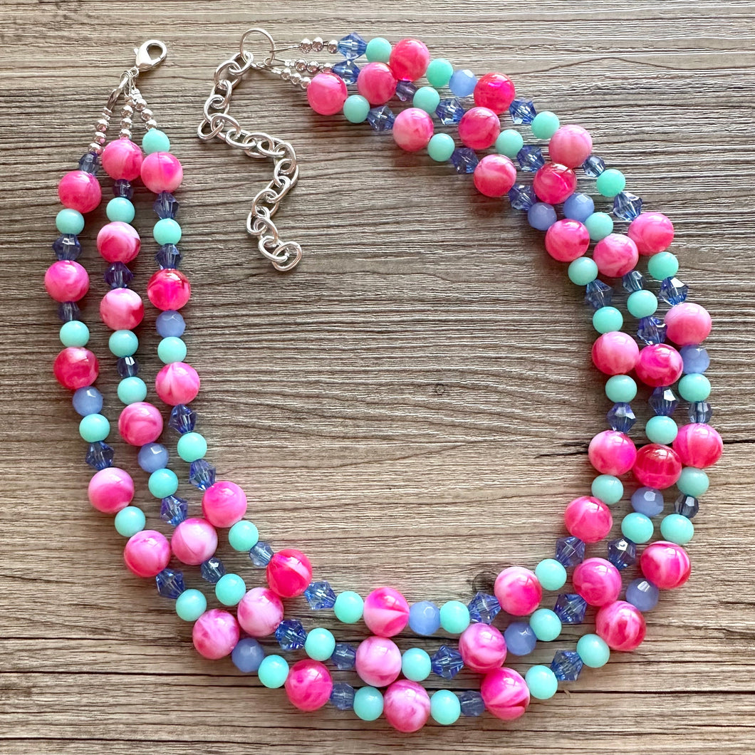 Carnival Day Hot Pink Statement Necklace, chunky bib beaded jewelry, colorful jewelry green periwinkle necklace, beaded jewelry earrings set