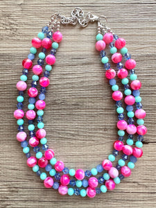 Carnival Day Hot Pink Statement Necklace, chunky bib beaded jewelry, colorful jewelry green periwinkle necklace, beaded jewelry earrings set