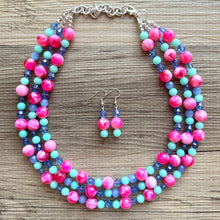 Load image into Gallery viewer, Carnival Day Hot Pink Statement Necklace, chunky bib beaded jewelry, colorful jewelry green periwinkle necklace, beaded jewelry earrings set