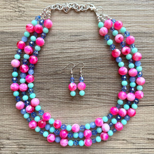 Carnival Day Hot Pink Statement Necklace, chunky bib beaded jewelry, colorful jewelry green periwinkle necklace, beaded jewelry earrings set