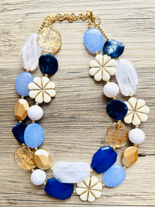 Nautical Chunky Statement Necklace, Big beaded jewelry, Double Strand Statement Necklace, navy blue an white, gold navy necklace, white gold