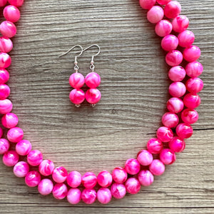 Hot Pink Pink Chunky Statement Necklace, 2 Strand Beaded Jewelry, Pink White cream jewelry, jewel tone mermaid bib dark pink earrings