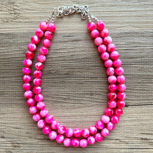 Hot Pink Pink Chunky Statement Necklace, 2 Strand Beaded Jewelry, Pink White cream jewelry, jewel tone mermaid bib dark pink earrings