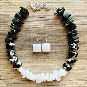 Black & White Chunky Statement Necklace single Strand Beaded jewelry, bridesmaid bib wedding, white bubble necklace resin