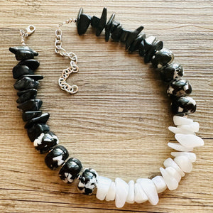 Black & White Chunky Statement Necklace single Strand Beaded jewelry, bridesmaid bib wedding, white bubble necklace resin