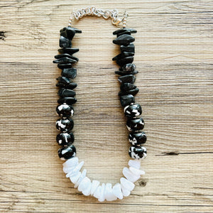 Black & White Chunky Statement Necklace single Strand Beaded jewelry, bridesmaid bib wedding, white bubble necklace resin