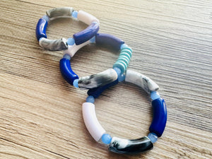 Cabana Weekend Statement bracelet, chunky bold bamboo bracelet, blue colorful beaded jewelry, chunky geometric turquoise black white