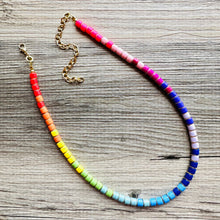 Load image into Gallery viewer, 18K Gold Block Layering Rainbow Beaded 1 Strand Necklace, Colorful Jewelry, Chunky statement necklace, jelly bean necklace confetti pride