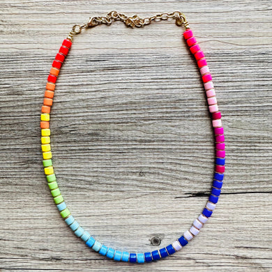 18K Gold Block Layering Rainbow Beaded 1 Strand Necklace, Colorful Jewelry, Chunky statement necklace, jelly bean necklace confetti pride