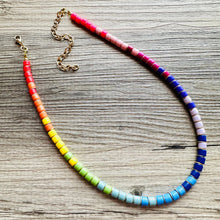 Load image into Gallery viewer, 18K Gold Block Layering Rainbow Beaded 1 Strand Necklace, Colorful Jewelry, Chunky statement necklace, jelly bean necklace confetti pride