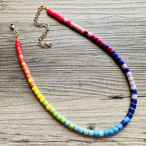 18K Gold Block Layering Rainbow Beaded 1 Strand Necklace, Colorful Jewelry, Chunky statement necklace, jelly bean necklace confetti pride