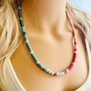 18K Gold Block Layering Pink & Blue Beaded 1 Strand Necklace, Colorful Jewelry, Chunky statement necklace, jelly bean necklace confetti