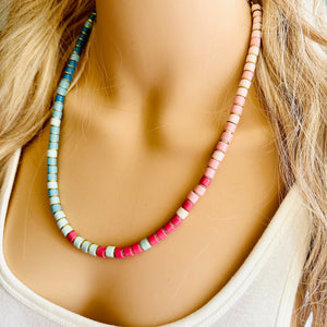 18K Gold Block Layering Pink & Blue Beaded 1 Strand Necklace, Colorful Jewelry, Chunky statement necklace, jelly bean necklace confetti