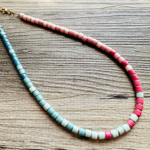 18K Gold Block Layering Pink & Blue Beaded 1 Strand Necklace, Colorful Jewelry, Chunky statement necklace, jelly bean necklace confetti