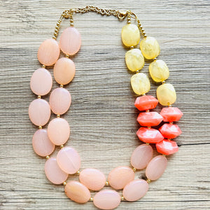 Peach Beach Sunset Big Bead Necklace, double Strand Statement Jewelry, coral Chunky bib bridesmaid coral yellow orange jewelry cream