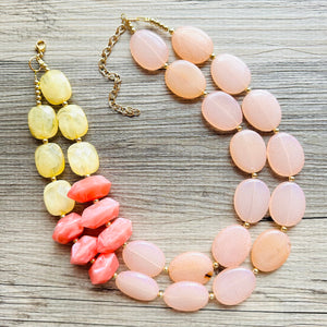 Peach Beach Sunset Big Bead Necklace, double Strand Statement Jewelry, coral Chunky bib bridesmaid coral yellow orange jewelry cream