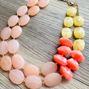 Peach Beach Sunset Big Bead Necklace, double Strand Statement Jewelry, coral Chunky bib bridesmaid coral yellow orange jewelry cream