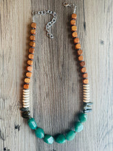 Load image into Gallery viewer, Vintage Wood + Agate Beaded long necklace, neutral beaded statement necklace, everyday gem stone chunky layering necklace glass green