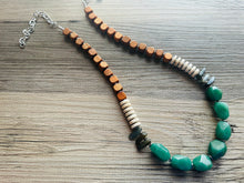 Load image into Gallery viewer, Vintage Wood + Agate Beaded long necklace, neutral beaded statement necklace, everyday gem stone chunky layering necklace glass green