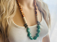 Load image into Gallery viewer, Vintage Wood + Agate Beaded long necklace, neutral beaded statement necklace, everyday gem stone chunky layering necklace glass green