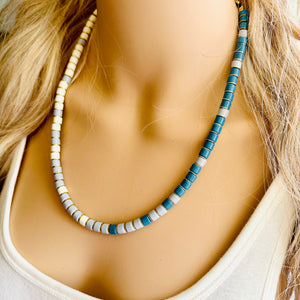 18K Gold Block Layering Cream & Blue Beaded 1 Strand Necklace, Colorful Jewelry, Chunky statement necklace, jelly bean necklace confetti