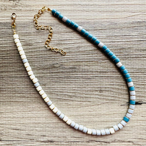 18K Gold Block Layering Cream & Blue Beaded 1 Strand Necklace, Colorful Jewelry, Chunky statement necklace, jelly bean necklace confetti