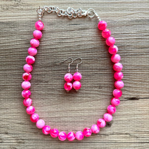 Hot Pink Pink Chunky Statement Necklace, 1 Strand Beaded Jewelry, Pink White cream jewelry, jewel tone mermaid bib dark pink earrings