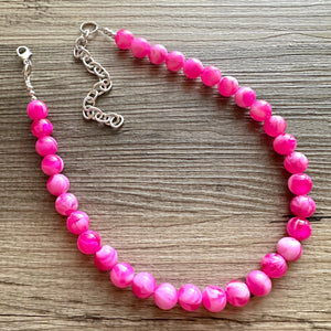 Hot Pink Pink Chunky Statement Necklace, 1 Strand Beaded Jewelry, Pink White cream jewelry, jewel tone mermaid bib dark pink earrings