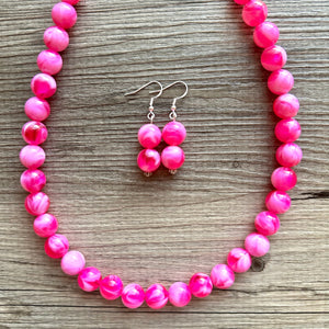 Hot Pink Pink Chunky Statement Necklace, 1 Strand Beaded Jewelry, Pink White cream jewelry, jewel tone mermaid bib dark pink earrings