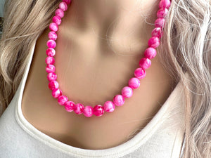 Hot Pink Pink Chunky Statement Necklace, 1 Strand Beaded Jewelry, Pink White cream jewelry, jewel tone mermaid bib dark pink earrings