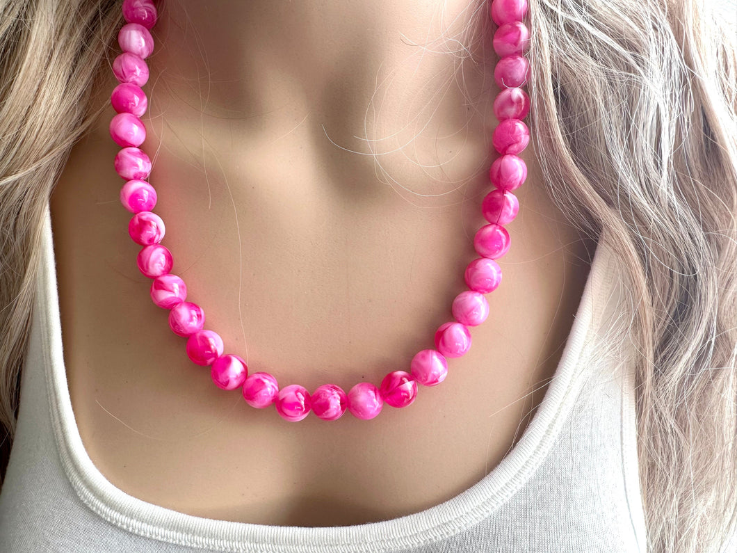 Hot Pink Pink Chunky Statement Necklace, 1 Strand Beaded Jewelry, Pink White cream jewelry, jewel tone mermaid bib dark pink earrings