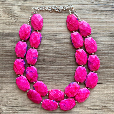 Lover Necklace Pink Statement, chunky bib beaded jewelry, Valentine blush hot pink beaded electric heart Valentines Day tie dye