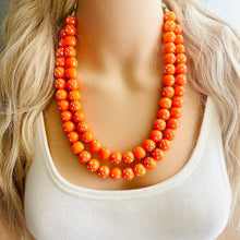 Load image into Gallery viewer, Orange Mirror Ball Silver Chain necklace, stunning sparkle shimmer statement bib necklace, 2 strand necklace electric orange geometric