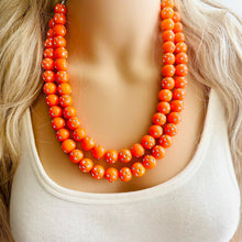 Load image into Gallery viewer, Orange Mirror Ball Silver Chain necklace, stunning sparkle shimmer statement bib necklace, 2 strand necklace electric orange geometric