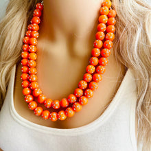 Load image into Gallery viewer, Orange Mirror Ball Silver Chain necklace, stunning sparkle shimmer statement bib necklace, 2 strand necklace electric orange geometric