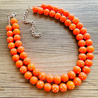Orange Mirror Ball Silver Chain necklace, stunning sparkle shimmer statement bib necklace, 2 strand necklace electric orange geometric