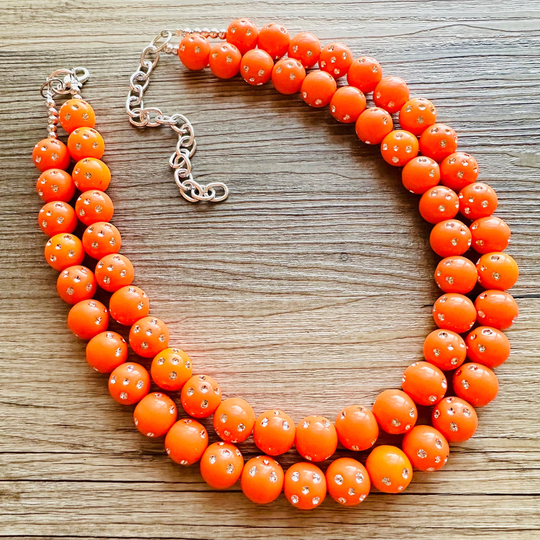 Orange Mirror Ball Silver Chain necklace, stunning sparkle shimmer statement bib necklace, 2 strand necklace electric orange geometric