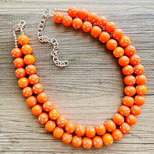 Load image into Gallery viewer, Orange Mirror Ball Silver Chain necklace, stunning sparkle shimmer statement bib necklace, 2 strand necklace electric orange geometric