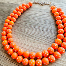 Load image into Gallery viewer, Orange Mirror Ball Silver Chain necklace, stunning sparkle shimmer statement bib necklace, 2 strand necklace electric orange geometric