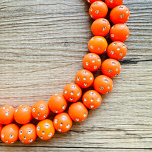 Load image into Gallery viewer, Orange Mirror Ball Silver Chain necklace, stunning sparkle shimmer statement bib necklace, 2 strand necklace electric orange geometric