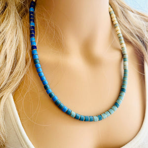 18K Gold Block Layering Blue Ombré Beaded 1 Strand Necklace, Colorful Jewelry, Chunky statement necklace, jelly bean necklace confetti